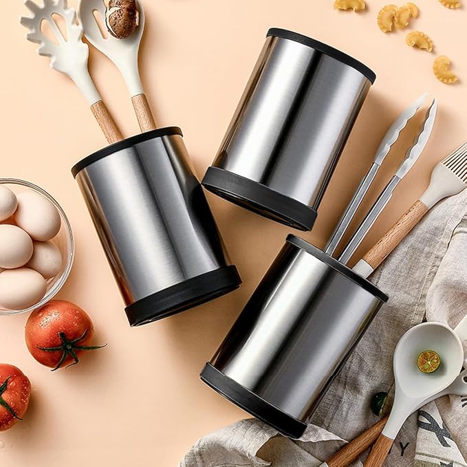 Kitchen Utensil Holder for Countertop, 360°Rotating Cooking Utensil Crocks，4 Compartment Stainless Steel Utensil Holder,6.7”Large Utensil Crock Spoon Fork Knife Holder For Kitchen Counter