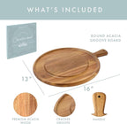 Charcuterie Board - Round Acacia Wood Cutting Board for Kitchen with Groove & Handle, Cheese Board for Vegetables, Bread, Fruits, Meat - Decorative Wooden Serving Tray House Warming Gift