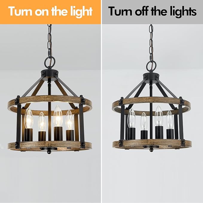 4-Light Farmhouse Chandelier, 12.5 Inch Rustic Black and Vintage Wood Finish Chandeliers for Dining Room Light Fixture, Adjustable Height Hanging Light for Kitchen Island, Entryway, Indoor