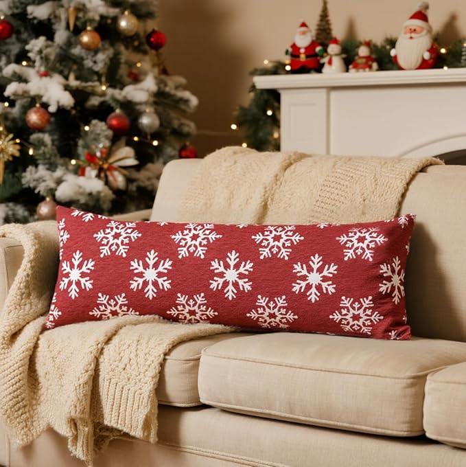Reversible Christmas Pillow Covers 14x36, Chenille Double-Sided Snowflake & Tree, Cozy Farmhouse Holiday Throw Pillowcases with Hidden Zipper for Sofa, Couch and Bed(Red,36x14)