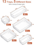 SMARTAKE 13-Piece Drawer Organizer with Non-Slip Silicone Pads, 5-Size Desk Drawer Organizer Trays Storage Tray for Makeup, Jewelries, Utensils in Bedroom Dresser, Office and Kitchen (Clear)
