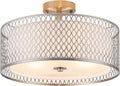 17" Semi Flush Mount Ceiling Light Fixture, Modern 3-Light E26 Double Drum Ceiling Lighting with White Fabric Lampshade and Gloden Iron Mesh Cage for Living Room Bedroom, Brushed Nickel