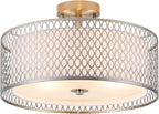 17" Semi Flush Mount Ceiling Light Fixture, Modern 3-Light E26 Double Drum Ceiling Lighting with White Fabric Lampshade and Gloden Iron Mesh Cage for Living Room Bedroom, Brushed Nickel