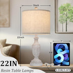 TOBUSA Farmhouse Living Room Table Lamps Set of 2, Grey Rustic Vintage Table Lamps for Bedroom Nightstand, Antique Bedside Desk Lamps with Linen Shade, 22’’ Traditional Resin Lamp Sets for End Table