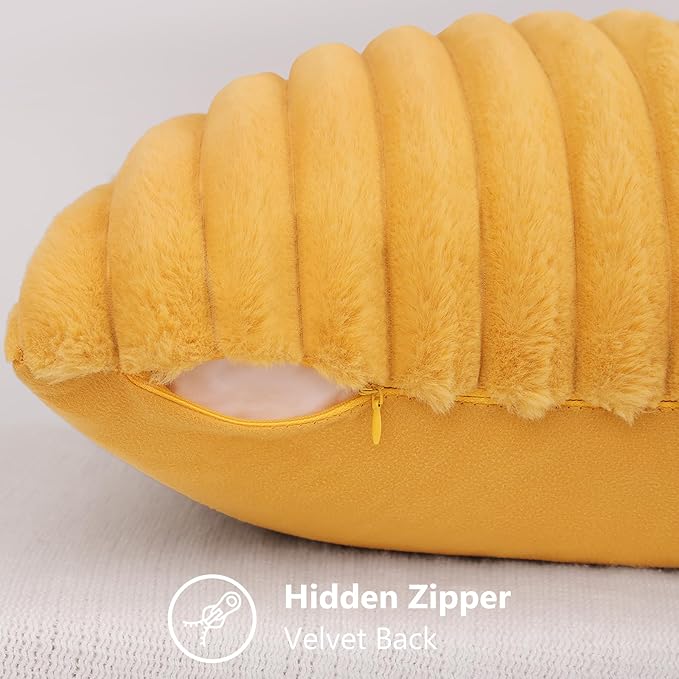 decorUhome Faux Fur Throw Pillow Covers 20x20 Set of 2, Decorative Soft Plush Striped Neutral Couch Euro Pillow Covers with Velvet Back for Sofa, Bed, Living Room Home Decor, Mustard Yellow