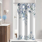 Eucalyptus Shower Curtain, Blue Watercolor Leaves with Floral Botanical Bathroom Decor, Waterproof Fabric Bath Curtain Set with Hooks, 36x72 Inches