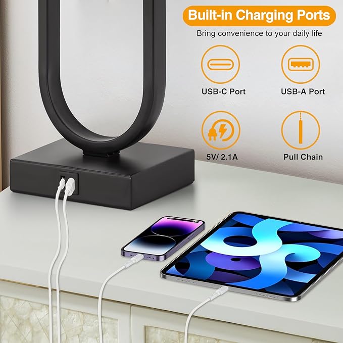 Luvkczc Nightstand Lamps Set of 2 with USB C+A Ports, 24'' Tall Table Lamp with Two 3000K LED Bulbs, Linen Lampshade, Modern Bedside Lamp for Living Room, Bedroom Reading,Grey