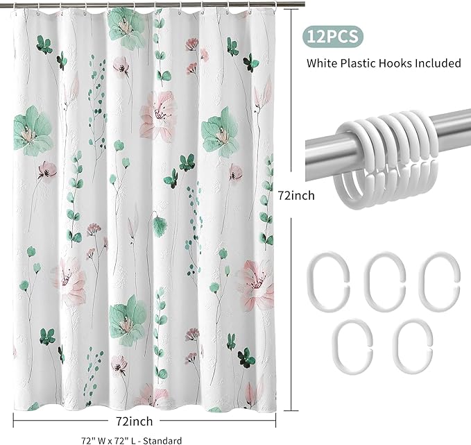 QiyI Watercolor Floral Shower Curtain, 3D Embossed Butterflies Sage Green Flower Bathroom Curtain, Minimalist White Cloth Bath Curtains, Waterproof Fabric Textured Shower Curtain Set with Hooks, 72x72