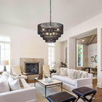 19.7" Hand-Woven Rattan Chandelier Vintage Farmhouse 6-Lights Boho Black Bamboo Chandeliers Light Fixture Retro Drum Wicker Rattan Chandelier for Dining Room, Kitchen Island, Bedroom, E12