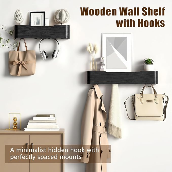 Coat Hooks Wall Mount with Shelf, 5 Hidden Hooks, 20.75 Inch Entryway Organizer for Coats, Hats, Bags, Keys, Decorative Wall Hooks (Black, 5 Hooks)