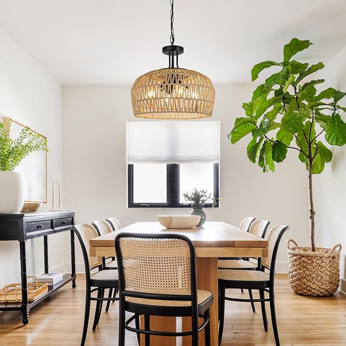LynPon 18" Farmhouse Rattan Chandelier, 4-Light Boho Pendant Light Fixture with Woven Wicker Shade, Convertible Coastal Hanging or Ceiling Light Fixture for Dining Room Kitchen Living Room Foyer