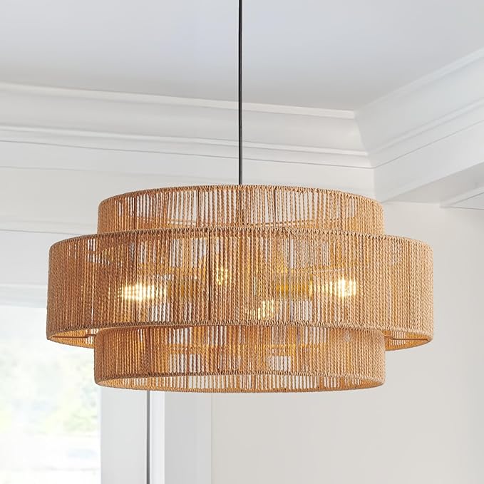 3-Tier Large Rattan Chandeliers, 23.6in Woven Boho Coastal Pendant Lights for Dining Room