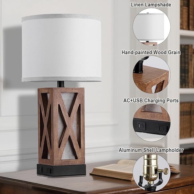Set of 2 Wood Table Lamp, Vintage Nightstand Lamp with USB Charging Ports A/C, Farmhouse Bedside Lamps for Living Room