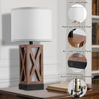 Wood Table Lamp, Vintage Nightstand Lamp with USB Charging Ports A/C, Farmhouse Bedside Lamps for Living Room