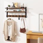 Homode Coat Rack Wall Mount with Shelf, Two-Tier Entryway Wall Shelf with Hooks, 24 in Wood Floating Storage Shelves, Coat Hanger for Hanging Hat Towel Jacket Purse Backpack, Rustic Brown