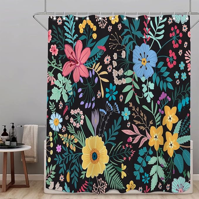 Boho Floral Shower Curtain, Colorful Flower Leaves Design for Bathroom Decor, Modern Rustic Country Wildflower Black Fabric Shower Curtains Set with Hooks, 72x72 Inches
