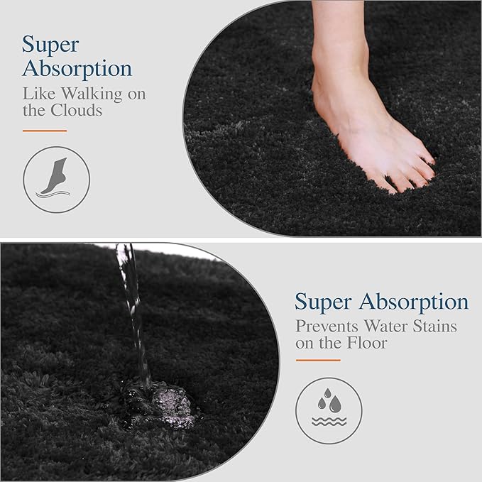 Walensee Bath Mat, High Pile Microfiber Bathroom Rug, Non-Slip, 16 x 24, Black