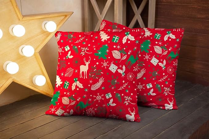 CAPSCEOLL 2PCS Red Standard Pillow Covers 16X16Inch Green Christmas Reindeer Branch Deer Floral Pine Tree Snowflake Soft Pillow Covers for Bedroom Sofa Living Room Decorative Throw Pillow Covers