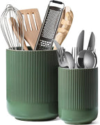 LE TAUCI Utensil Holder, 7.3"+5.4" Ceramic Kitchen Utensil Holder for Countertop, Large Cooking Utensil Crocks for Kitchen Counter, Modern Utensil Organizer for Spatula, Set of 2, Forest Green