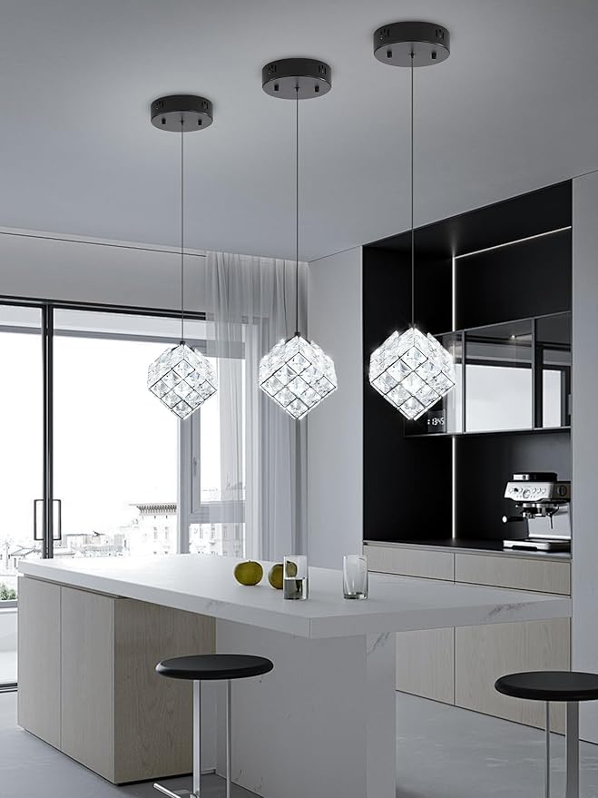 1-Light Modern Black Pendant Light Fixtures for Kitchen Island Small Hanging Crystal Chandelier for Bedroom Entryway Living Room Foyer Hallway LED Dimmable Chandeliers for Dining Room