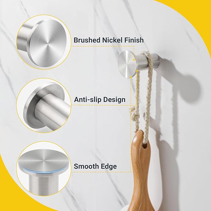 SAYAYO Brushed Nickel Towel Hook for Bathrooms, Heavy Duty Wall Hooks for Hanging, Modern Coat Hooks SUS 304 Stainless Steel Robe Hook 4 Pcs