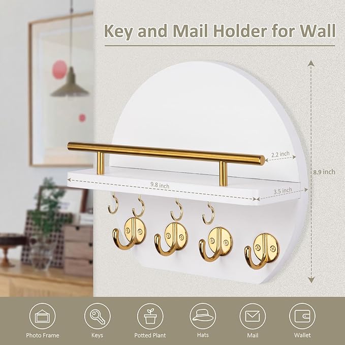 Nekon Key Holder for Wall - 9.8 Inch Apartment Wall Decor with Shelf and 8 Key Hooks, Circular Wood Key Hanger for Home Decor (White with Golden Hooks)
