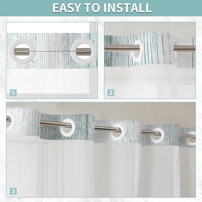 Muuyi Teal Watercolor Floral Shower Curtain,No Hook Shower Curtain,Polyester Shower Curtains with Snap in Fabric,Sheer Top Window for Bathroom Decor,Waterproof & Washable,72W x 75L Inch