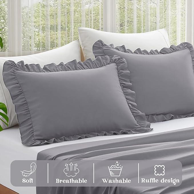 KKJIAF Ruffle Pillow Cases Queen Size Set of 2, Ruffled Pillow Covers with Envelope Closure, Wrinkle Resistant Ruffled Pillow Shams 20" x 30", Grey