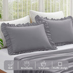KKJIAF Ruffle Pillow Cases King Size Set of 2, Ruffled Pillow Covers with Envelope Closure, Wrinkle Resistant Ruffled Pillow Shams 20" x 36", Grey