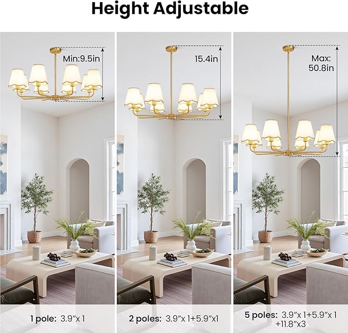 KAISITE Modern Gold Chandelier 8-Light Farmhouse Chandelier for Dining Room Industrial Dining Kitchen Light Fixture Over Table Ceiling Chandelier for Bedroom Living Room Foyer Entryway