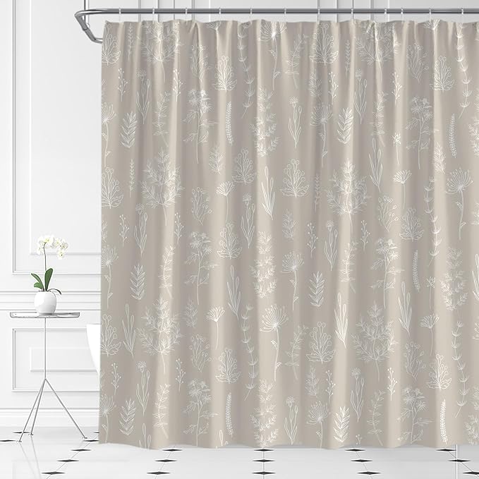 Boho Farmhouse Botanical Shower Curtain Rustic Floral Neutral Leaves Vintage Herbs Plant Modern Country Cream Taupe Bathroom Curtain Set with Hooks(84" Wx70 H)