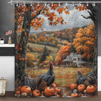 Fall Shower Curtains for Bathroom, Autumn Rustic Farmhouse Turkey Vintage Pumpkin Harvest Thanksgiving Day Fabric Shower Curtain Set, 72X72 Inch