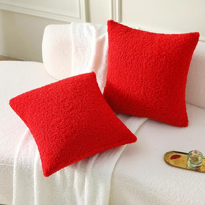 FUTEI Red Throw Pillow Covers 26x26 Inch Set of 2,Furry Faux Fur Teddy Boucle Textured Cushion Covers,Soft Fluffy Decorative Euro Pillow Shams,Home Decor for Couch Bed Living Room Office Car