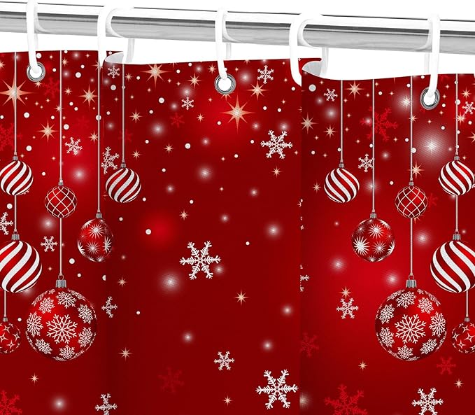 Red Christmas Shower Curtain Set, Merry Christmas Ball Winter Snowflakes Glitter Sparkle Shower Curtain for Bathroom Xmas Holiday Decor, Durable Fabric Machine Washable with Hooks, 72 x 72 Inches
