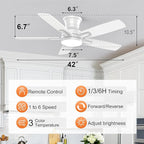 YUHAO 42 Inch Flush Mount White Ceiling Fan with Light and Remote Control.Noiseless,Dimmable,3CCT,6 Speeds Reversible, Low Profile DC Ceiling Fans for Indoor Use