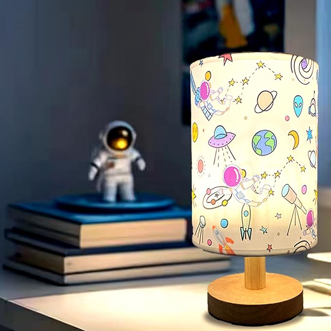 Astronaut Kids Table Lamp, Astronauts Room Decor for Boys,3 Level Dimmable Wood Nightstand Desk Base Flaxen Fabric Shade for Bedroom Living Room,Astronauts Gifts for Boys