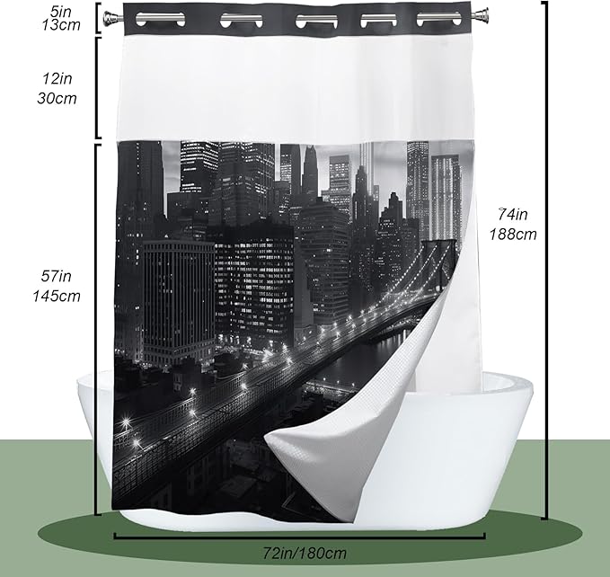Manhattan Brooklyn Bridge New York Building Night Scenery Shower Curtain with Snap in Fabric Liner Set, Detachable Liner, See Through Mesh Top Window, Waterproof Washable 72" W x 74" H