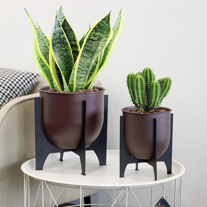 TRIROCKS Set of 2 Planters with Stand Indoor Outdoor Metal Plant Stand 11 &8.5" H Modern Planters Flower Pots for Living Room Corner Kitchen Office Garden Balcony Patio Decor