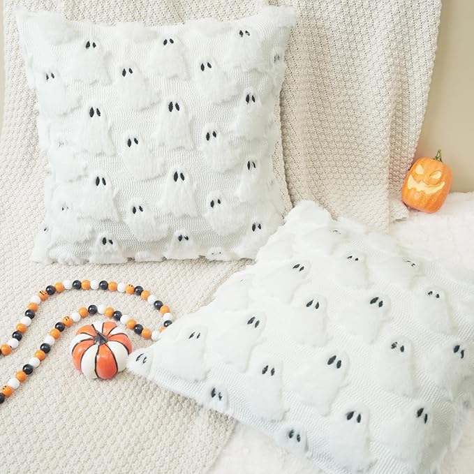 GEEORY Halloween Ghost Soft Plush Pillow Covers, 16 x 16 Inch Set of 2, Fluffy Faux Fur Wool Decorative Farmhouse Cushion Case for Sofa Home Decoration White GC026-16