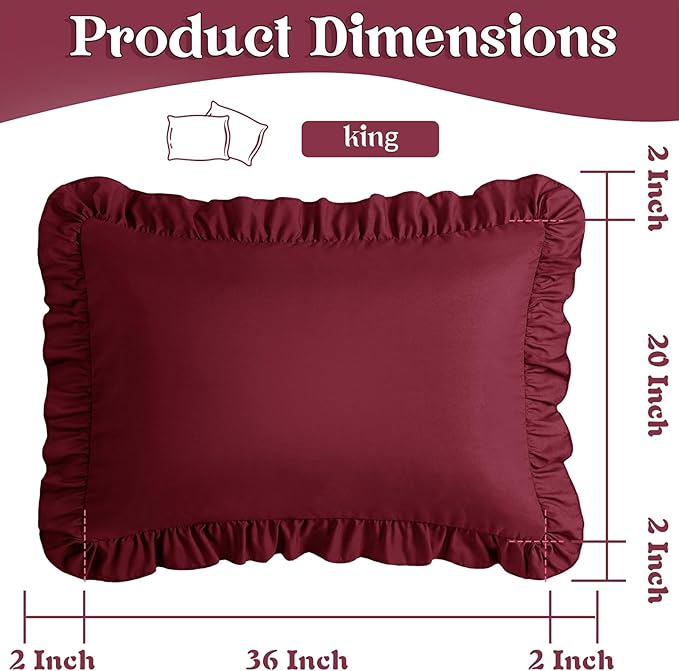 KKJIAF Ruffle Pillow Cases King Size Set of 2, Ruffled Pillow Covers with Envelope Closure, Wrinkle Resistant Ruffled Pillow Shams 20" x 36", Burgundy