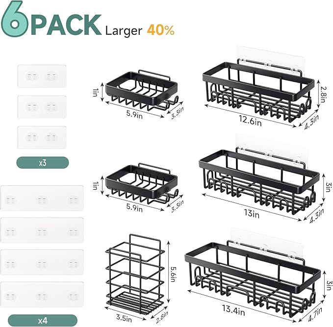 Veken Rustproof Shower Caddy 6-Pack, No Drilling & Waterproof Adhesive Shower Shelves Rack with Soap Holder, Large Capacity Bathroom Organizers and Storage, Wall-Mounted Kitchen & Home Decor