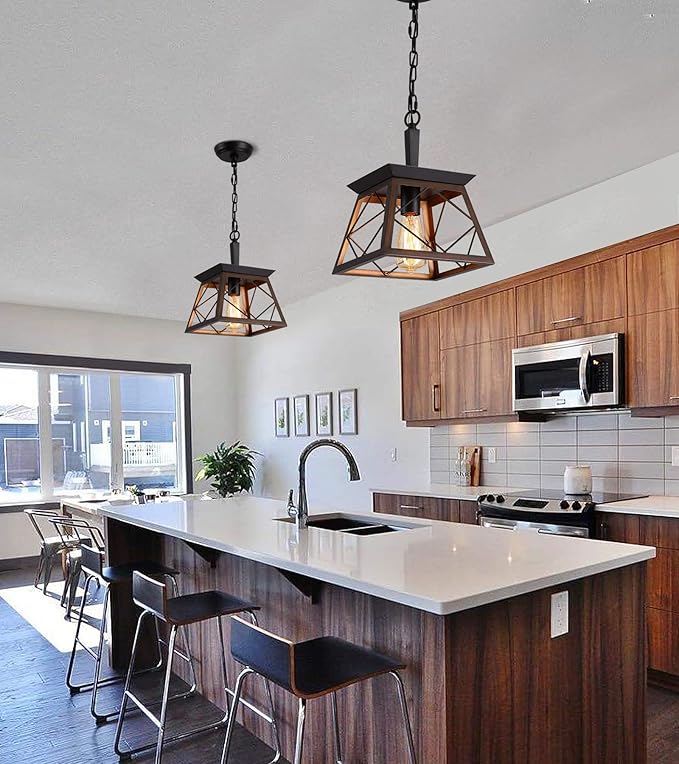 Q&S Farmhouse Hanging Pendant Light Fixture,Vintage Industrial Lantern Bronze Chandelier 1-Light for Hallway Entryway Kitchen Island Dining Room UL Listed