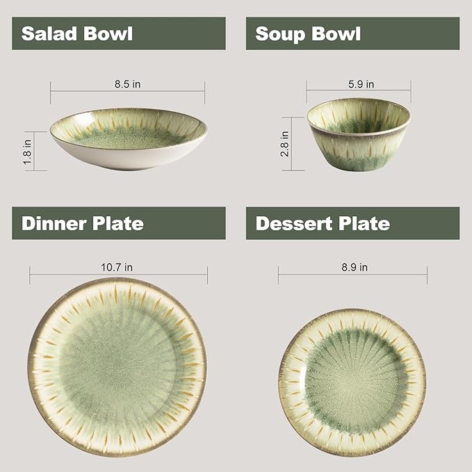 MissYip Melamine Dinnerware Set, 16 Piece for 4, Unbreakable Kitchen Plastic Plates and Bowls set, Indoor and Outdoor Use Tableware, BPA Free, Dishwasher Safe, Not Microwave, Not Oven(Green)