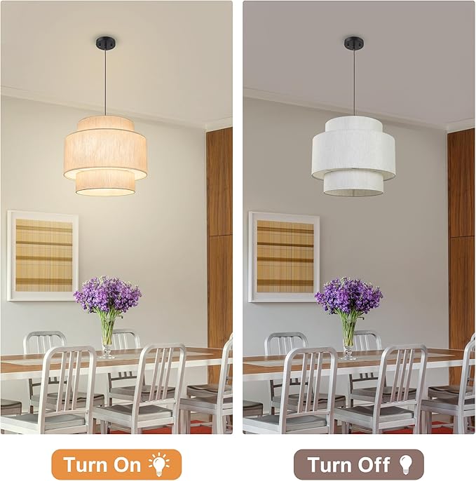 Pendant Lights with Beige Linen Drum Shade Chandelier Hanging Light Fixture 19.7" Pendant Lights Kitchen Island, Large Drum Pendant Light Fixtures 3-Tier Kitchen Chandelier for Entryway Living Room