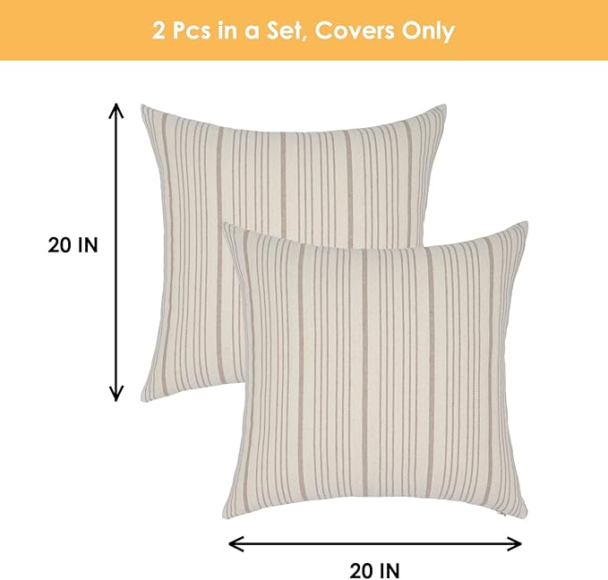 Tan Pillow Covers Farmhouse Linen Throw Pillow Covers Striped Outdoor Decorative Square Throw Pillows for Couch Sofa Bed 20 x 20 in Pack of 2 Cream and Beige