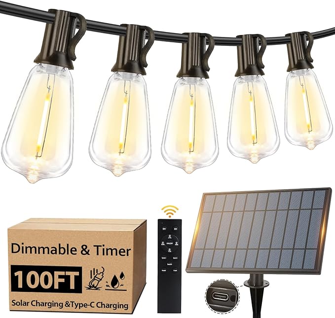 Solar String Lights Outdoor Waterproof 100FT with Remote and 52 ST38 LED Shatterproof Edison Bulbs, Timer, Dimmable Solar Patio String Lights with USB Charging for Backyard, Garden, Camping, Weddings