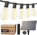 Solar String Lights Outdoor Waterproof 100FT with Remote and 52 ST38 LED Shatterproof Edison Bulbs, Timer, Dimmable Solar Patio String Lights with USB Charging for Backyard, Garden, Camping, Weddings