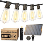 Solar String Lights Outdoor Waterproof 100FT with Remote and 52 ST38 LED Shatterproof Edison Bulbs, Timer, Dimmable Solar Patio String Lights with USB Charging for Backyard, Garden, Camping, Weddings
