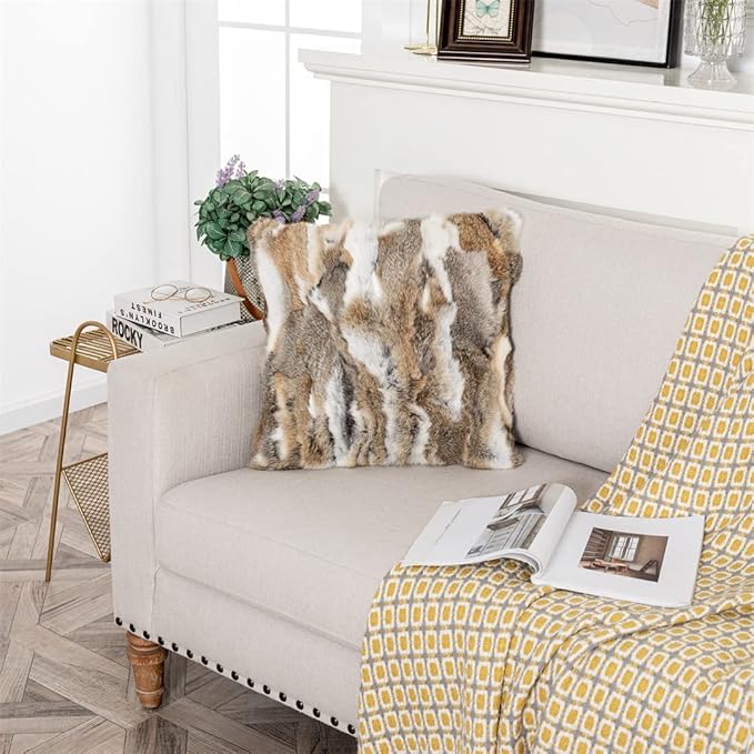 Rabbit Pelt Sofa Pillow Case Home Living Room for Decorative Fur Cushion Cover Throw Pillows Covers Case (Yellow) 16in×16in