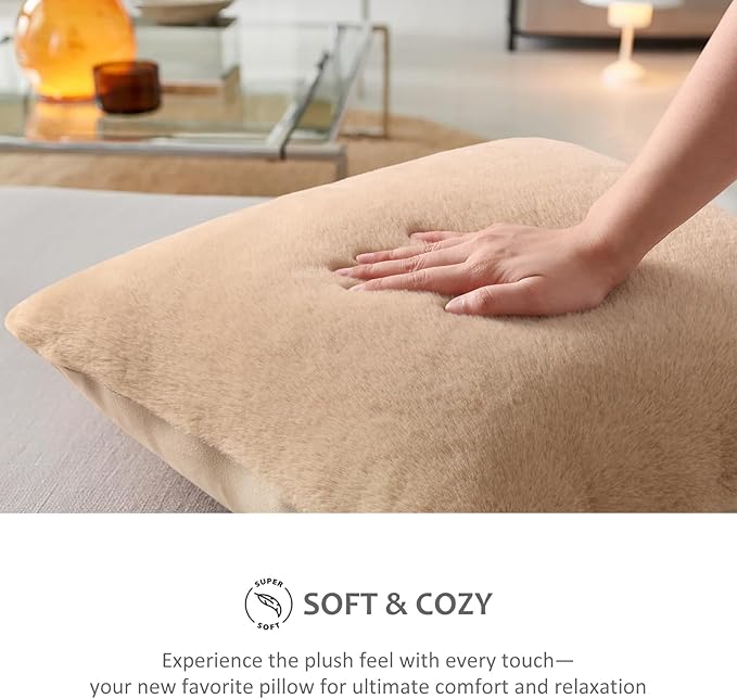 Pallene Faux Fur Plush Throw Pillow Covers 22x22 Set of 2, Soft Fluffy Couch Pillow Covers for Living Room, Khaki
